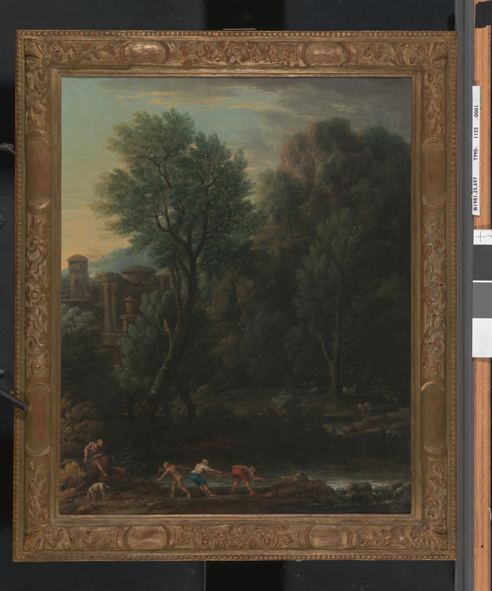 The source: a photograph of a framed landscape painting in the studio, held by clamps beside a label strip.