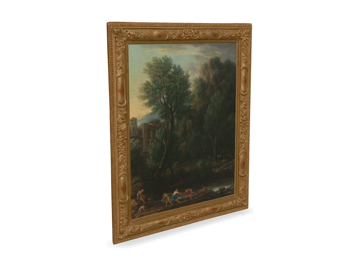 A landscape painting in its carved gilt frame, the frame generated in 3D and fitted around the artwork.