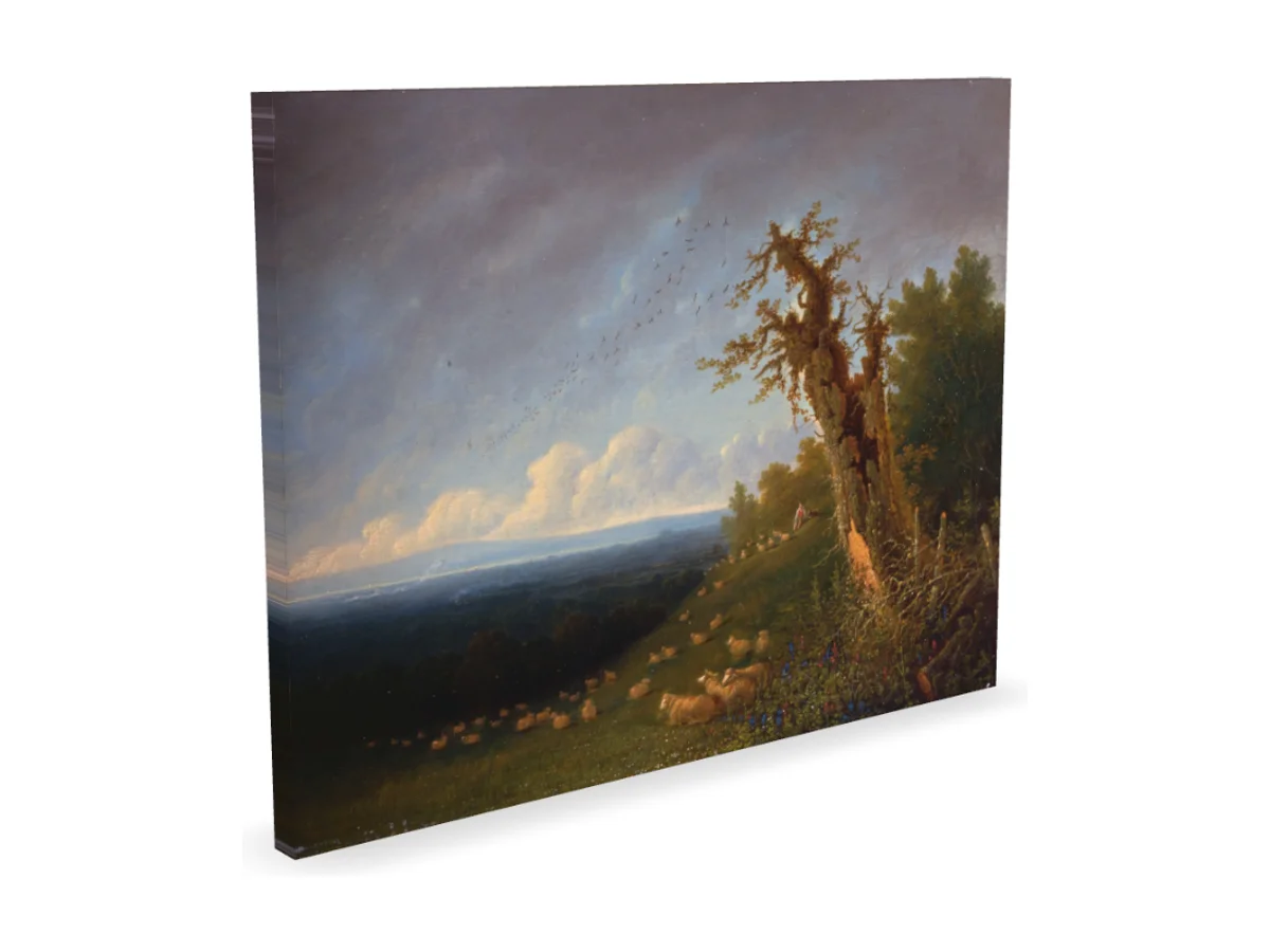 A landscape painting as a canvas, the image carried on over its sides.